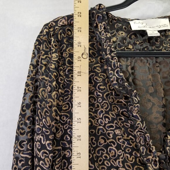 Vintage Havana Ruffle Blouse Women's M Velvet Burnout Sheer Leopard Smocked Back - Picture 13 of 16